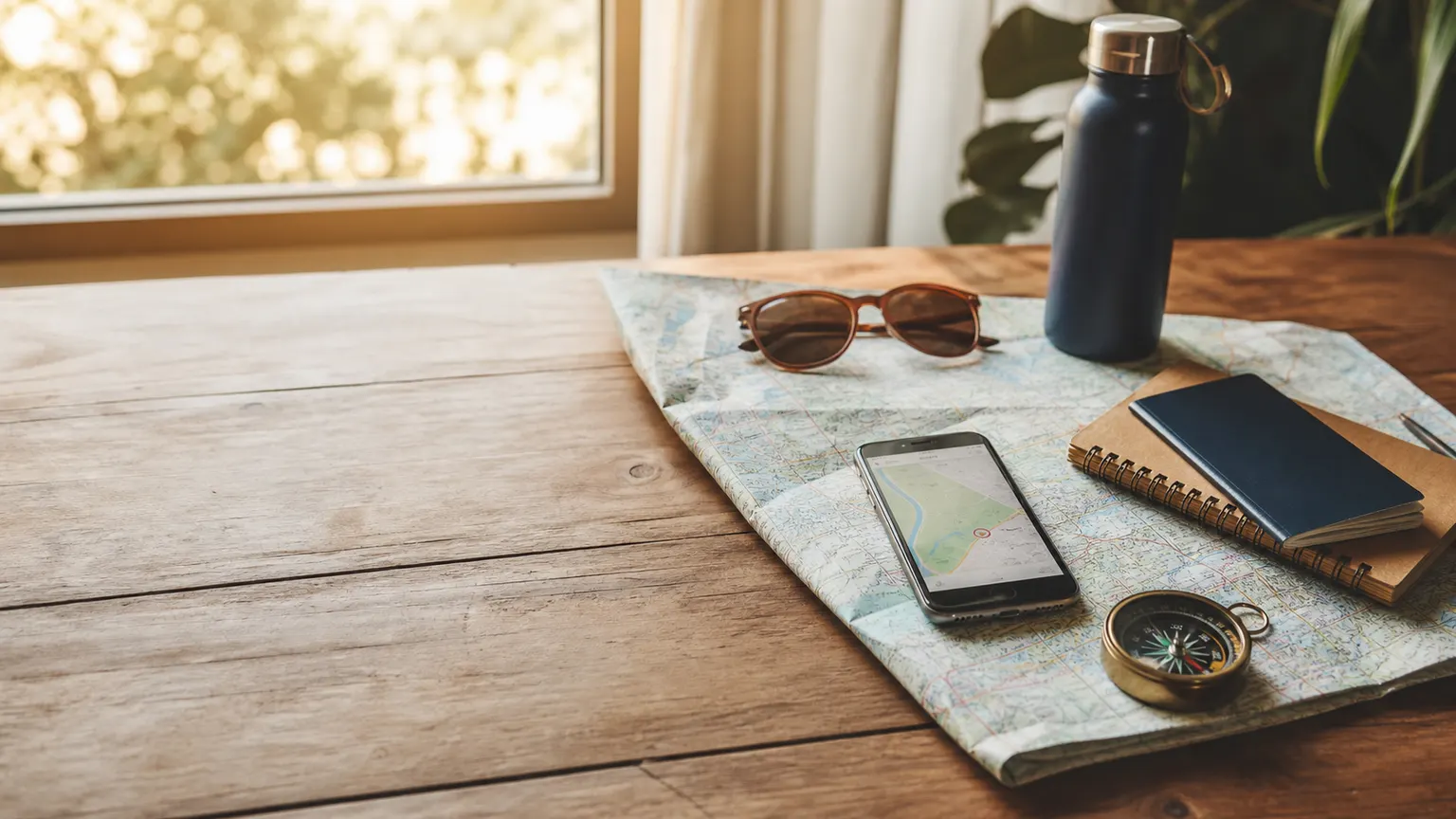 Mesa con mapa, cuaderno y elementos de viaje para planificar una escapada.